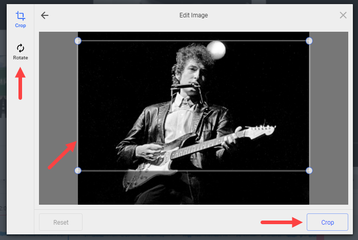 Filestack dialog box showing selected image in Crop mode and applied dimensions for thumbnail identified as described