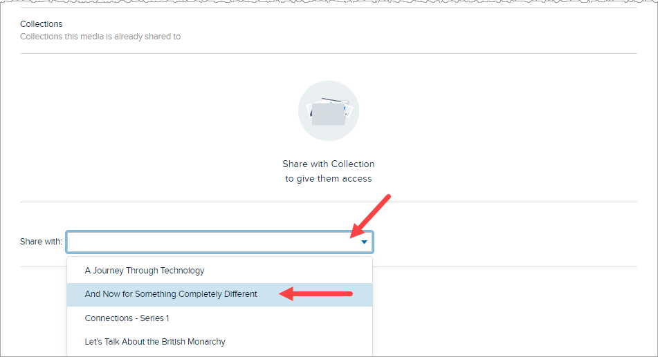 Share to Collections drop-down list open with collections list showing for selection for steps as described