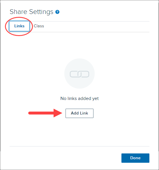 Share settings modal for video with Links tab identified and showing, and Add Link button identified for selection as described