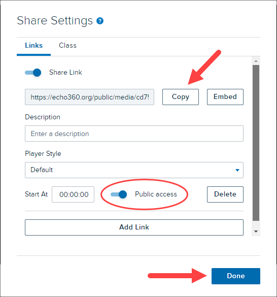 Link tab of share settings modal with new link created with copy button and public access slider identified in the on position and Done button identified for selection as described
