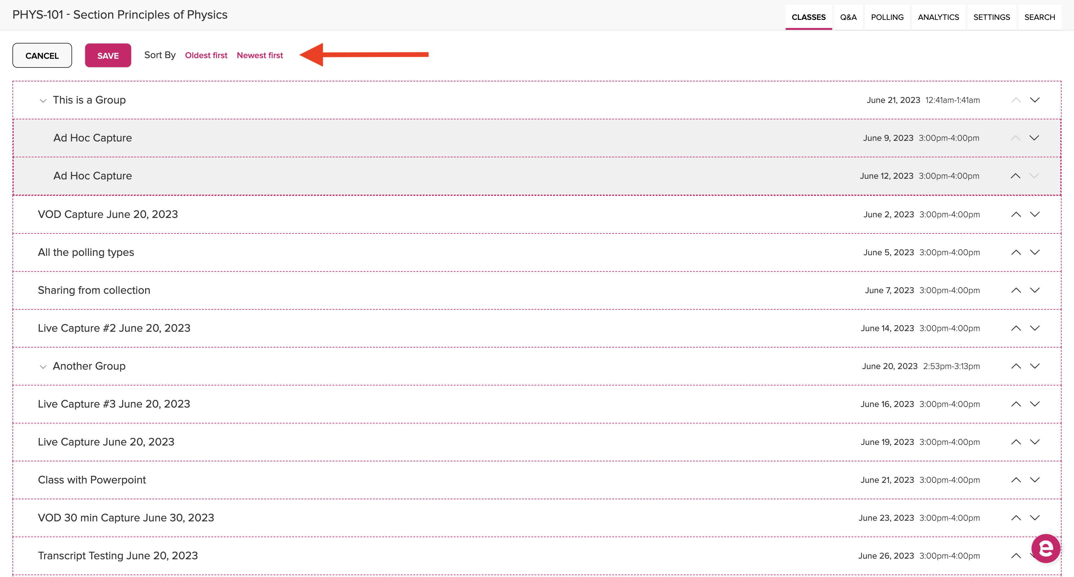 Class list in Reordering mode with sort options identified for steps as described