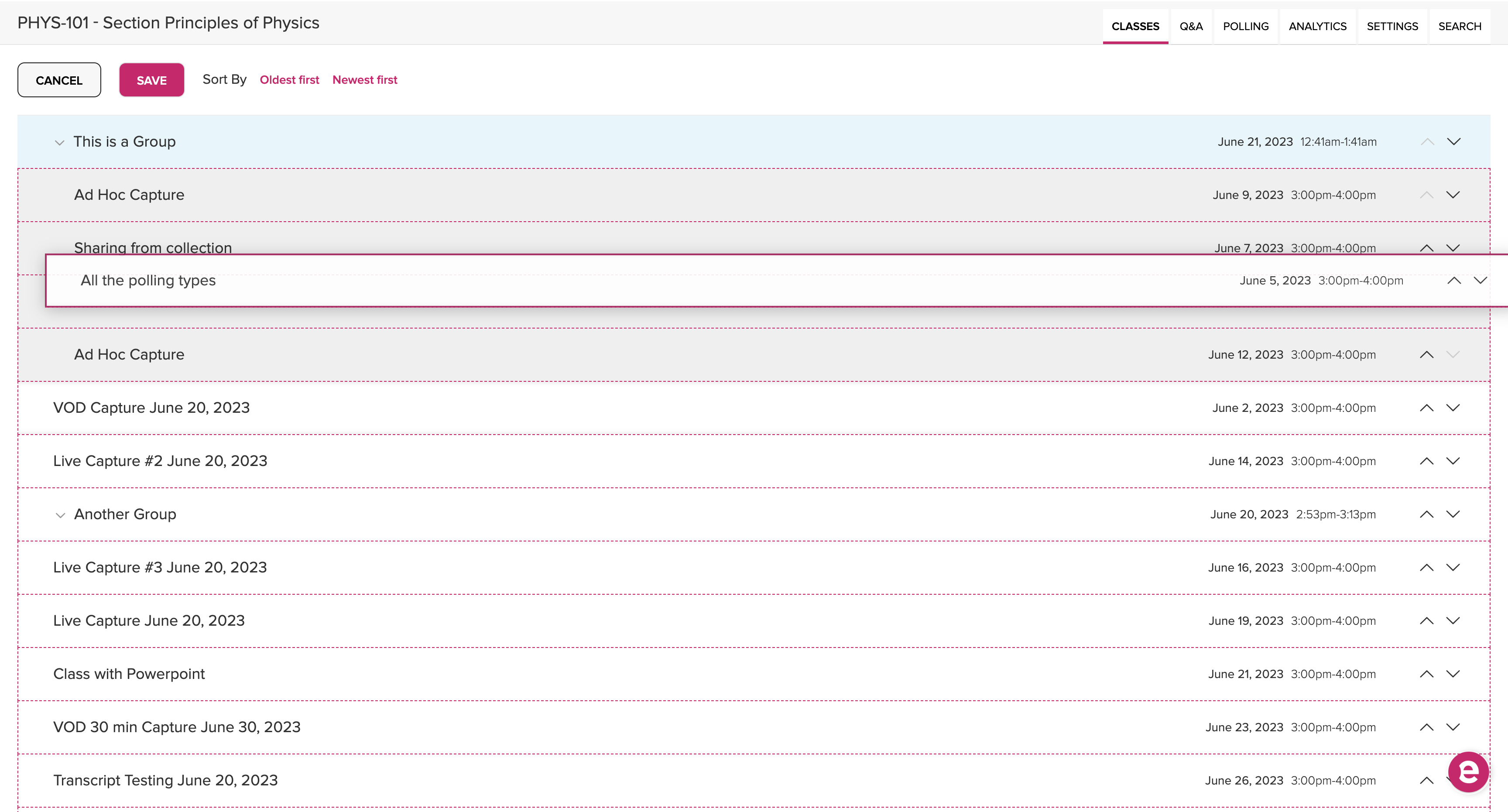 Class list in reordering mode showing change in view when class dragged into class group as described