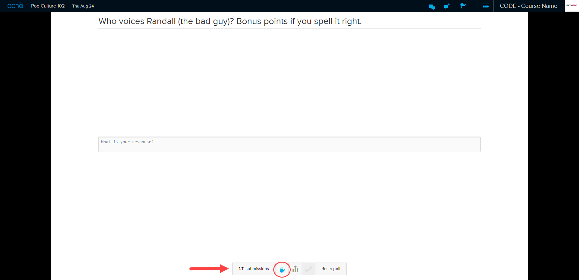 Instructor view of short answer poll in a presentation with control buttons and Close Poll button identified as described
