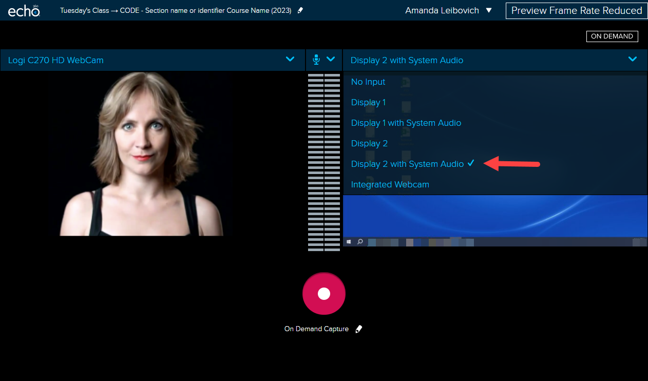 Universal Capture with input selection showing Display 1 with System Audio