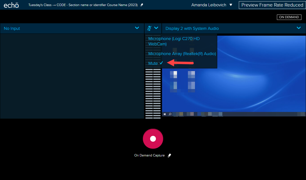 Universal Capture with audio input selection showing Mute