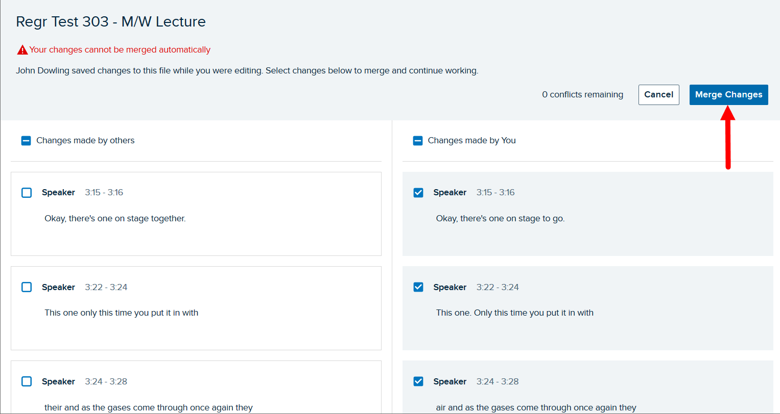 Edit conflicts page with cue selections made for all conflicts and merge changes button identified as described