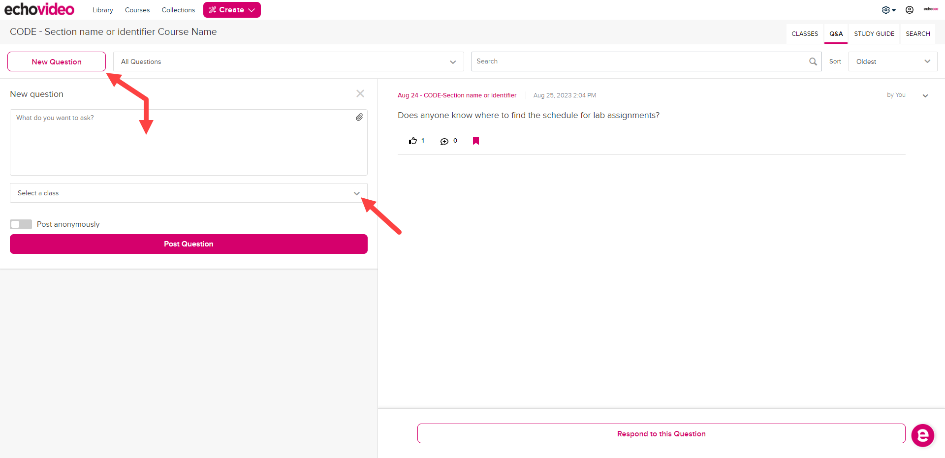 Q&A Tab with new question button and new question panel identified along with select class dropdown for steps as described