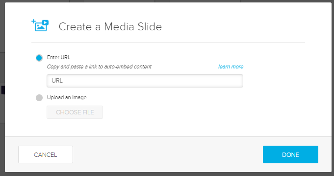 reate a media slide modal containing URL field for pasting copied video link as described