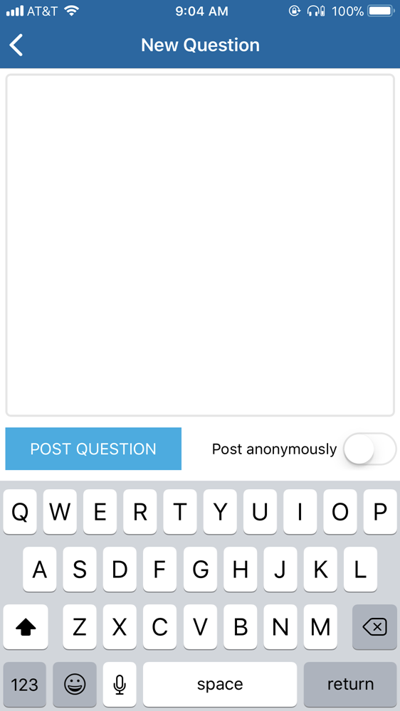 New Question panel with text box and keyboard shown along with Post Question button as described