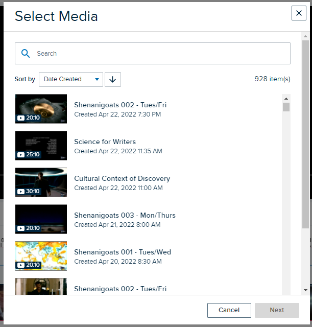 Select media list with library media listed for selection and Next and Cancel buttons provided for selection as described