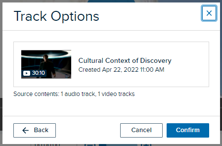 Confirmation dialog box for replacing the audio track using the audio from a selected video with Confirm and Cancel and Back buttons provided for selection as described