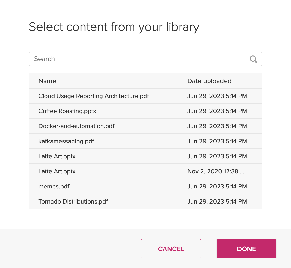 Select content from library dialog box showing list of presentation media available with one selected and Done button active for steps as described