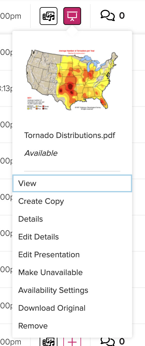 Class list presentation icon selected showing options menu for instructors as described