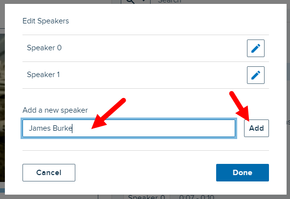 Edit speakers dialog box with add a new speaker text entered and Add button identified for steps as described