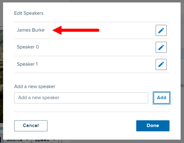 Edit speakers dialog box with new speaker identified in the speakers list as described