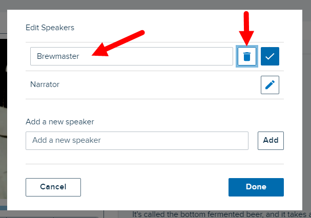 Edit speakers list in edit mode on and delete speaker button identified as described
