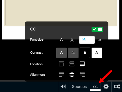 closed captioning options shown with CC button activation as described