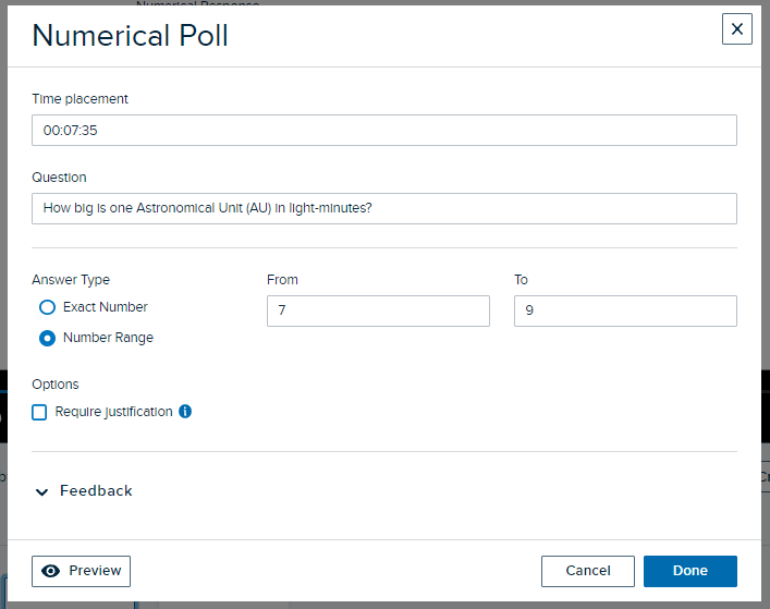 Numeric poll with question text and range number answers entered as described