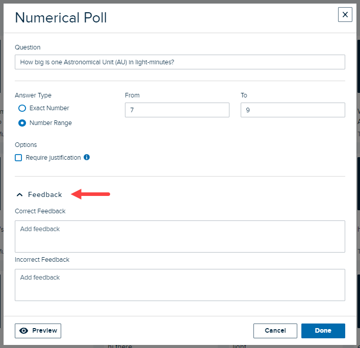 Numeric poll with feedback fields shown as described