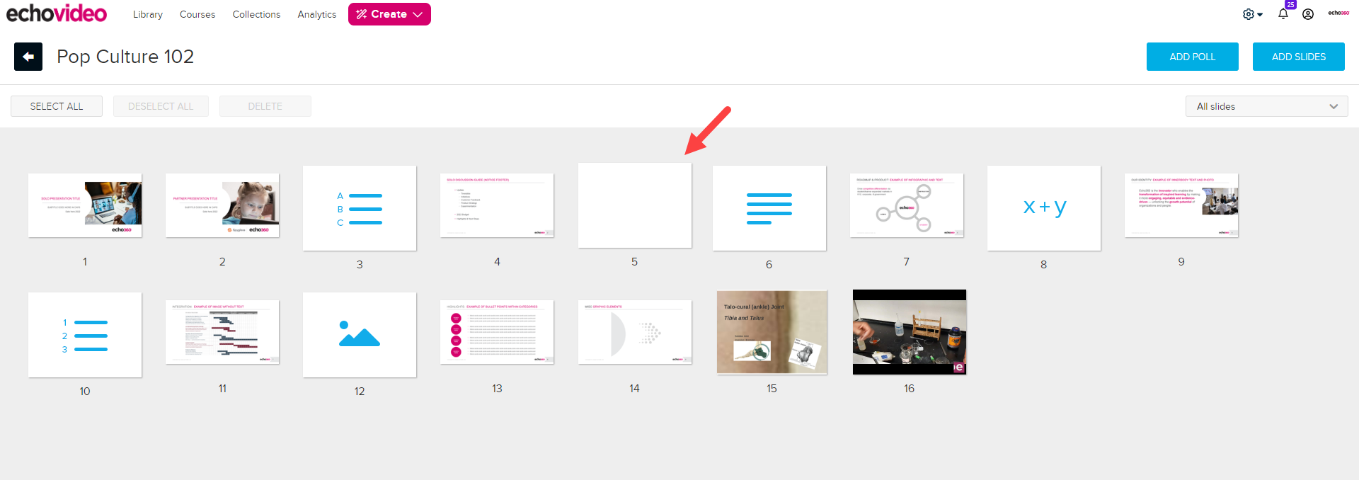 Edit presentation page with newly added blank slide identified