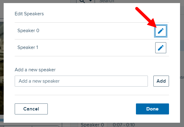 Edit Speakers list with edit button identified for editing or deleting speaker as described