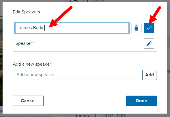 Edit speakers list with edit mode on and accept changes or delete speaker button shown