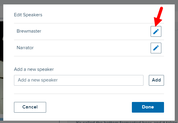 Edit Speakers list with edit button identified for editing or deleting speaker as described