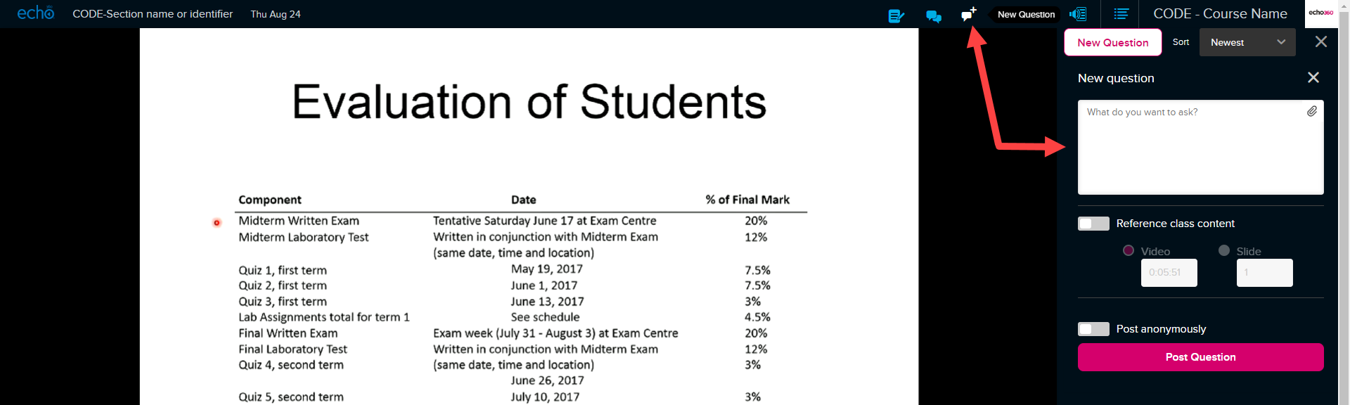 instructor classroom with new question button identified and new question in panel showing