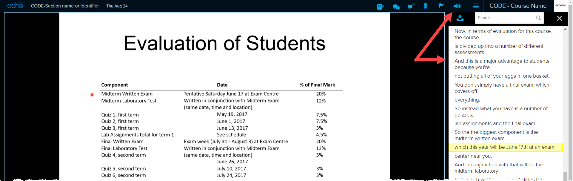 Student classroom toolbar with transcription button shown and transcription panel open