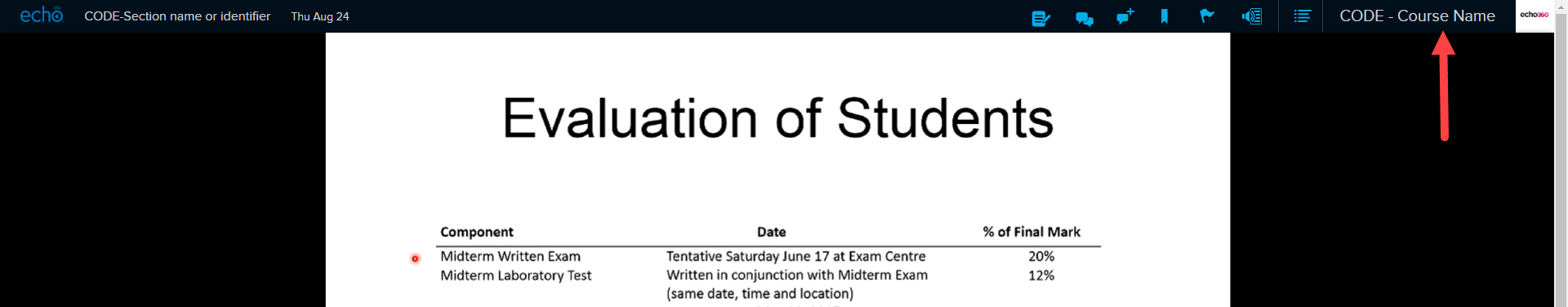 Course name for exiting classroom and returning to class list as described