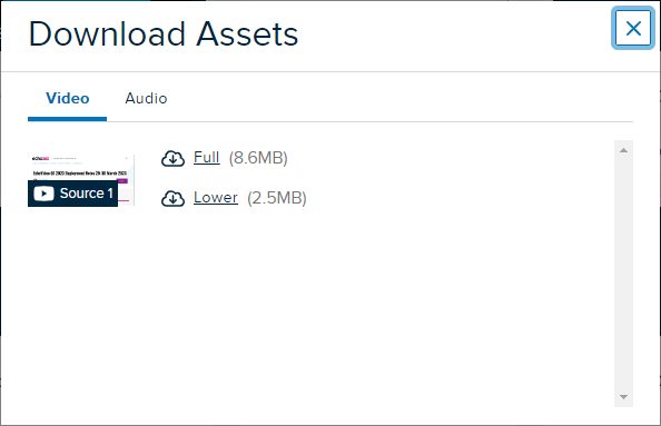 Download Assets dialog box showing video download links for steps as described