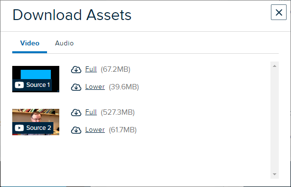 Download Assets dialog box with two source video downloads available and selection options shown as described