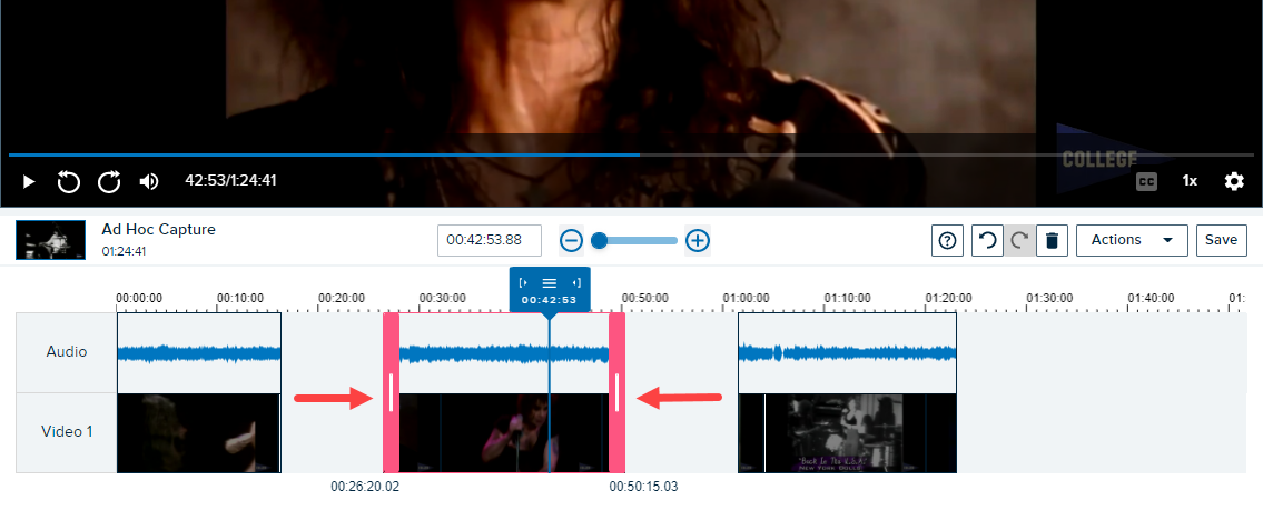 media editor with segment selected and trim handles showing for changing duration of segment using steps as described