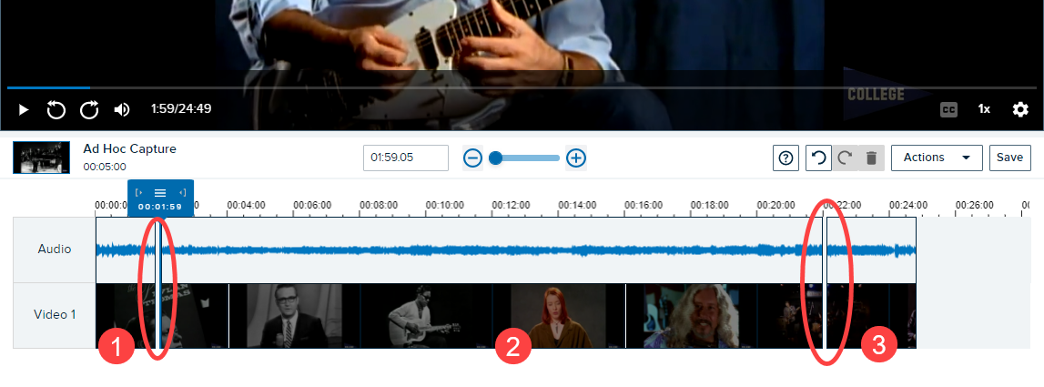 Video editor timeline with media inserted into a cut with cutouts identified as described and each segment identified and numbered