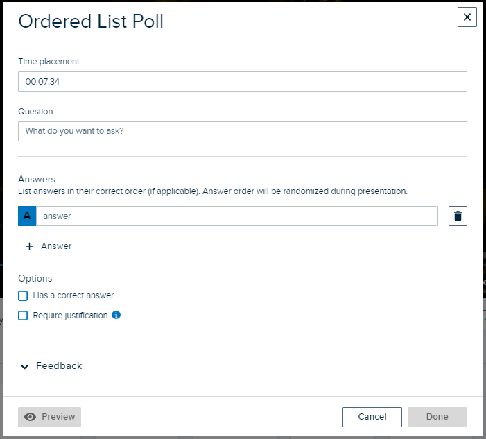 Ordered list poll showing fields for completion and editing as described
