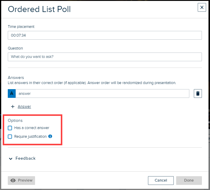 Ordered List poll with response options selections identified as described