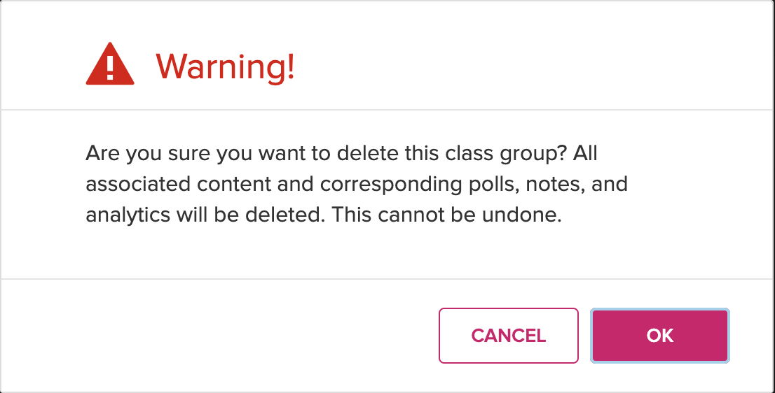 Warning message for deleting the classes in a collection along with the collection as described