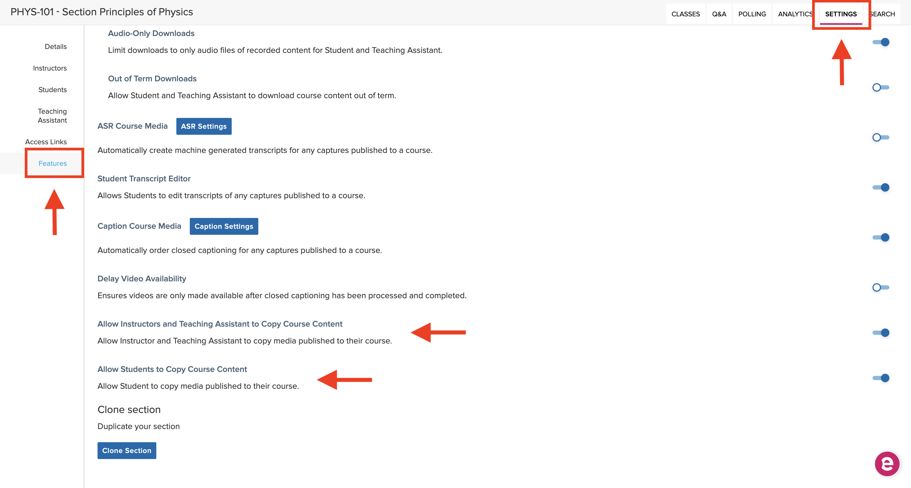 Create a copy feature toggles for section settings as described