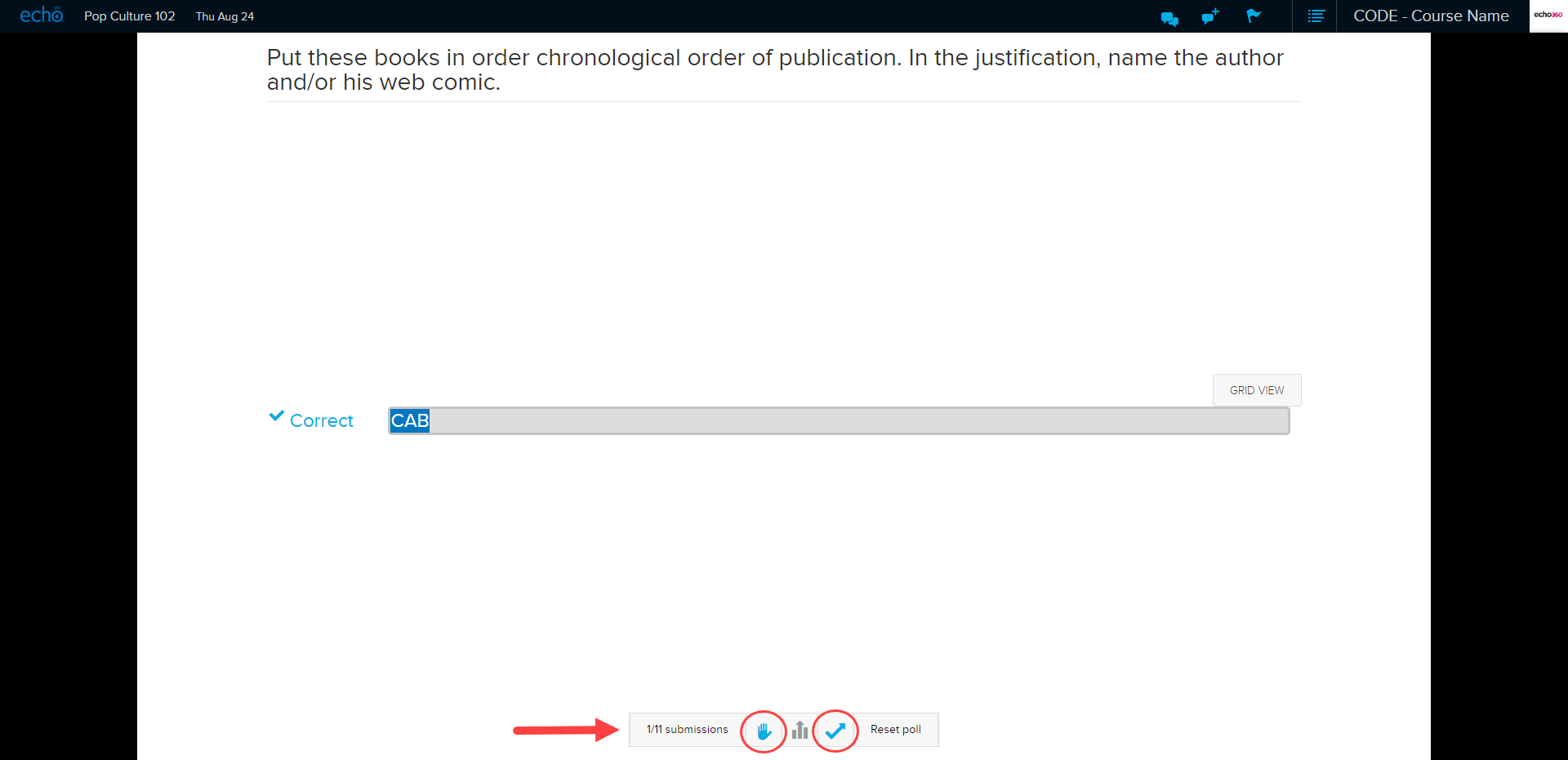 Instructor view of ordered list polling slide with control button panel circled and close poll and show solution buttons identified