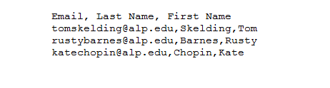 example csv file shown as text file with user import data