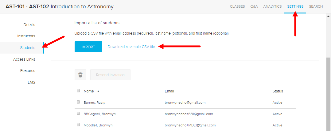 student section of section settings page with download sample link identified