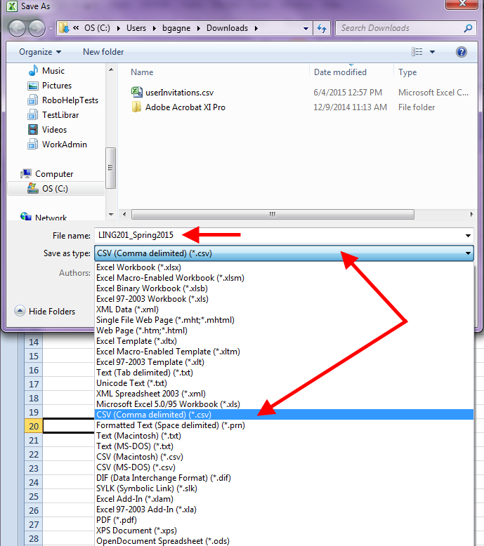 Save As dialog box in Excel with CSV shown as filetype