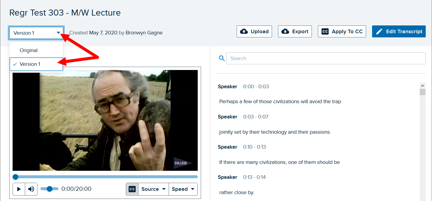 Media transcript with Version dropdown identified