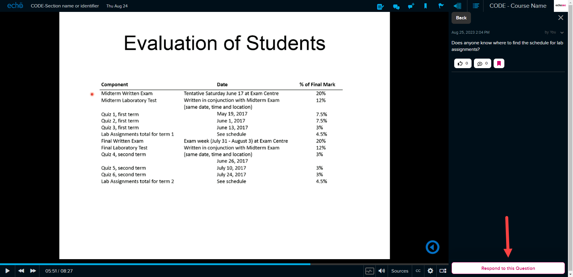 Classroom with discussion panel open and question clicked to show respond option as described