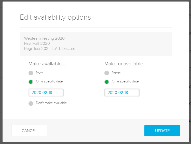 Edit media availability dialog box with date fields shown for make available and make unavailable options