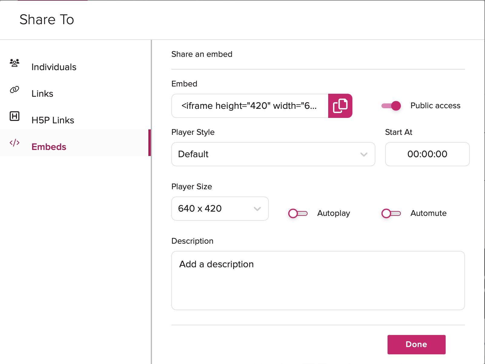 Share Modal with the Embes tab shown and a newly generated embed with all of the configurable options as described