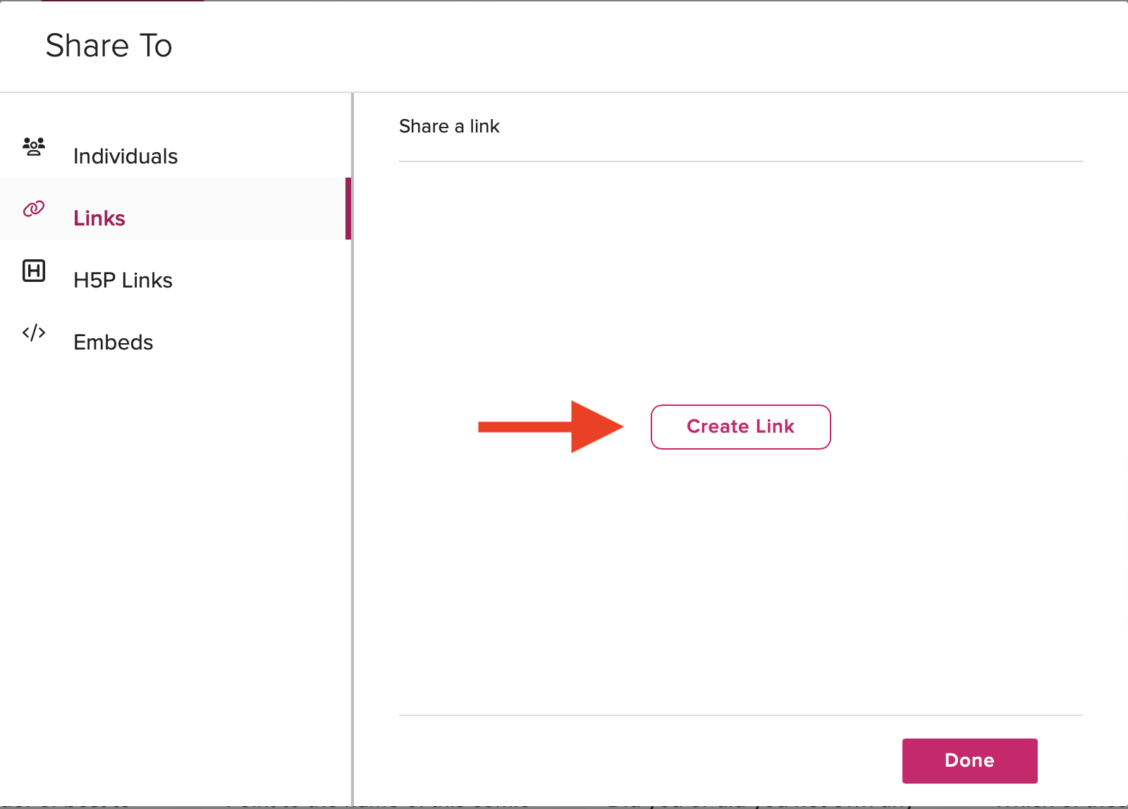 Share settings modal with Links tab shown and the Create Link button identified for selection as described