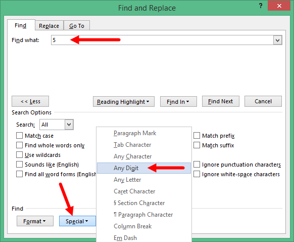 Advanced find dialog box in Microsoft Word with special find options identified for steps as described