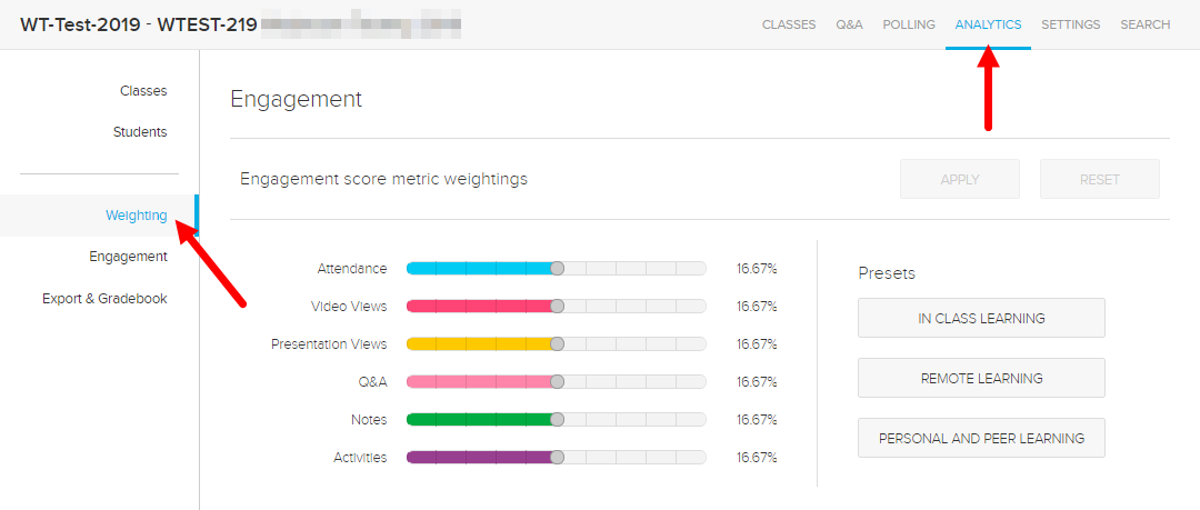 Engagement Weighting tab with sliders and preset buttons as described