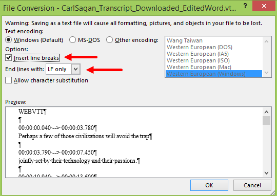 File Conversion dialog box for saving as a text file from Microsoft Word showing options as described